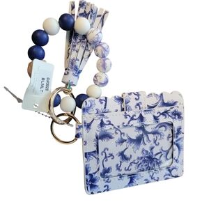 Blue and White Floral Keychain Wallet, And Bracelet Set